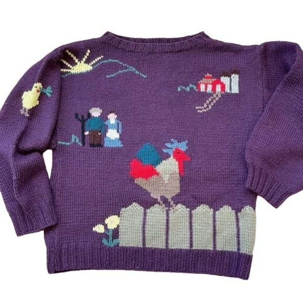 Berek Wool Sweater Farmcore Picket Fence Rooster Knit Cottagecore Size Small